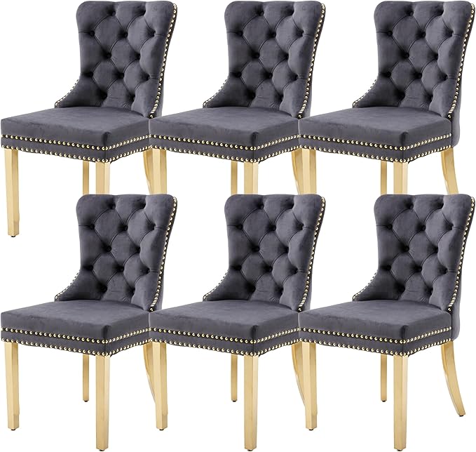KCC Velvet Dining Chairs Set of 6, Upholstered High-end Tufted Dining Chair with Nailhead Back Ring Pull Trim Stainless Steel Legs, Contemporary Nikki Collection Modern Style for Kitchen, Dark Gray