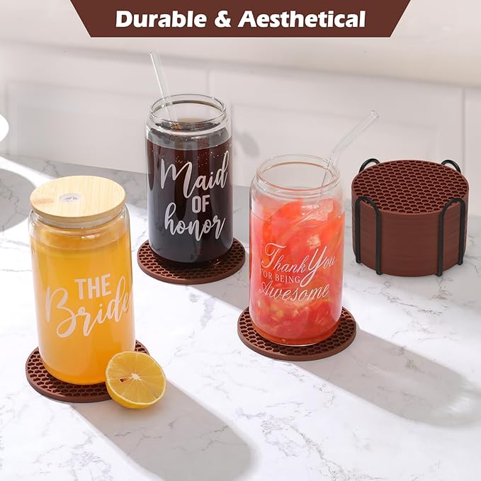 Coasters Set of 6,Coasters for Drinks,Coffee Table Decor Coaster with Holder,Suitable for Kinds Cup,Anti-SLI,Heat-Resisting,Silicone Cup Coaster and Home Decor (6 Pcs, Brown)
