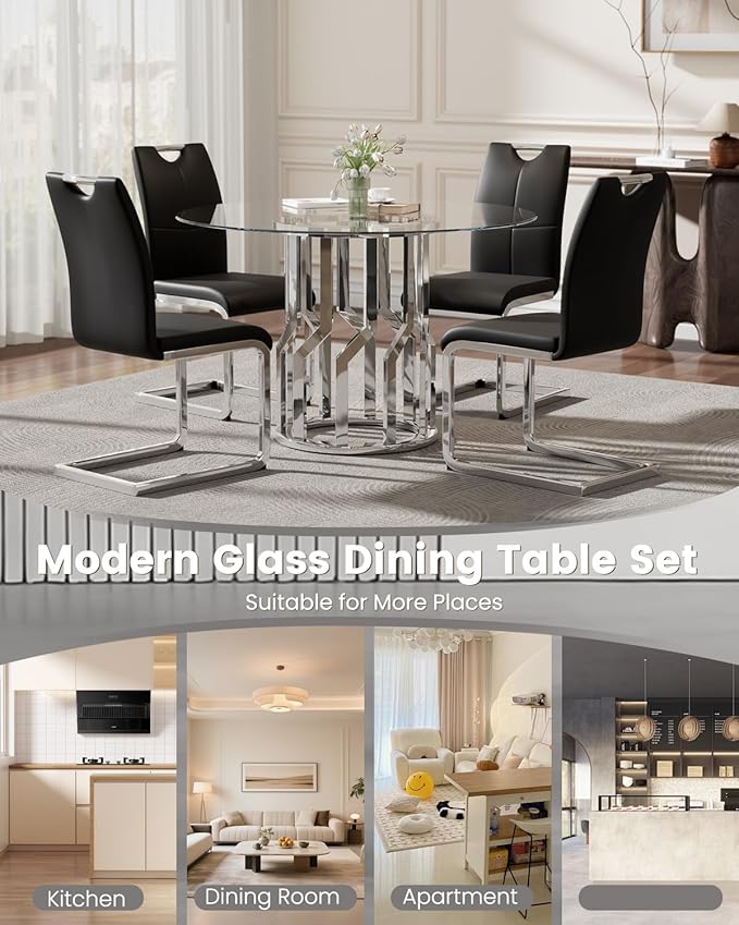 38.9" Round Glass Dining Table Set for 4, Modern 5 Piece Kitchen Table Set with Silver Stainless Steel Base & 4 PU Leather Accent Chairs, Saving Space, Dining Set for Apartment, Home - Black Chair