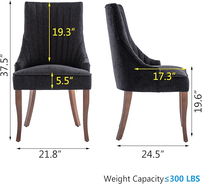 mikibama Linen Dining Chairs Set of 2 Channel Tufted Kitchen Dinner Chair Comfy Fabric Upholstered Accent Chair for Dining Room with Solid Wood Legs (Black)