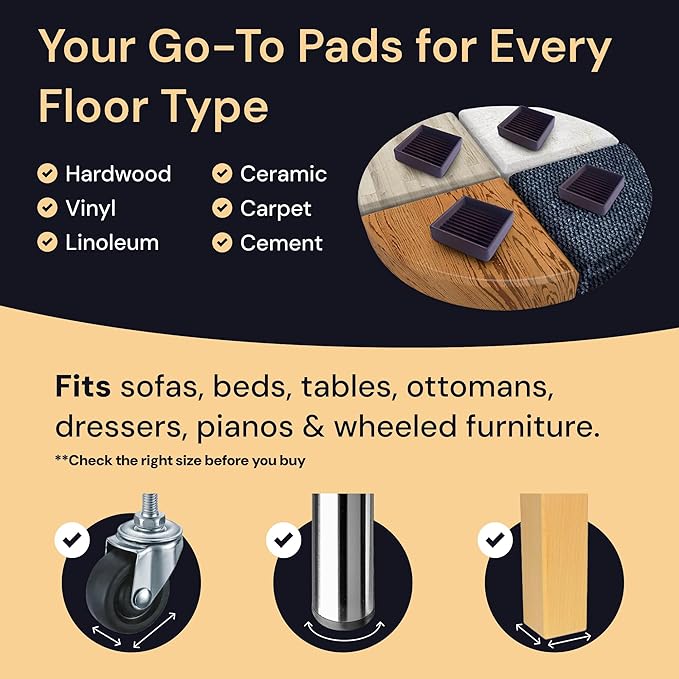 CasterMaster Anti Slip Furniture Pads Rectangular Rubber Caster Cups - 2 x 4 in Brown Pack of 4 - Non Slip Floor Protectors for Chairs & Hardwood Floors - Quiet Rubber Feet