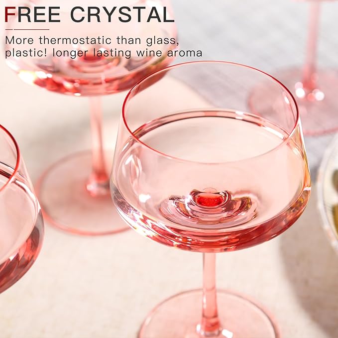 Pink Coupe Glasses Set of 6-13 oz Large Capacity Martini Glassware - Versatile Tall Cocktail Glasses- Hand-Blown Colored Champagne Coupe Glass-Art Deco Cocktail Glasses Set-Wedding Gifts