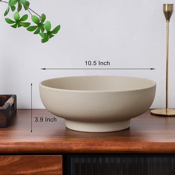 Stoneware Fruit Bowl for Kitchen Counter,Large Ceramic Decorative Bowls for Home Decor,Entryway Pedestal Bowl for Keys- 10.5Inch (Greige)
