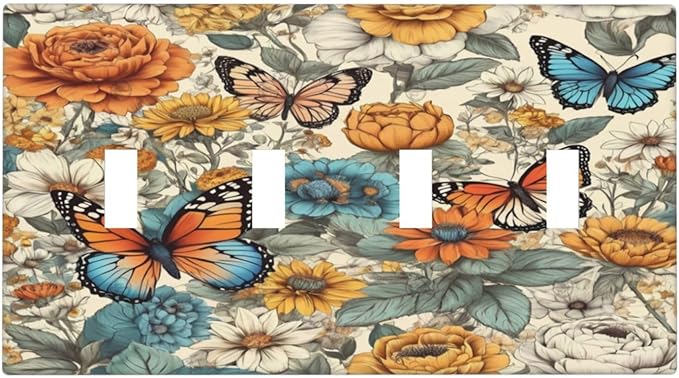 Light Switch Cover Vintage Colorful Floral Butterfly Flowers 4 Gang Switch Plate Quad Toggle Wall Plates Decorative Switchplate Electrical Outlet Cover for Bathroom Bedroom Decor
