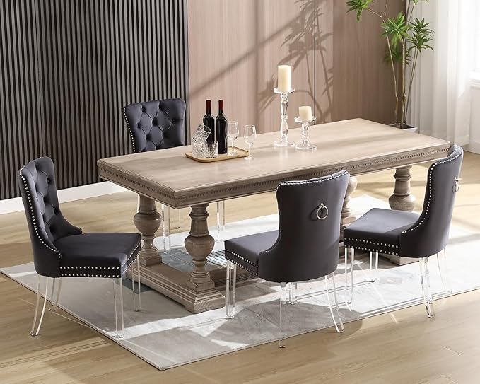 KCC Velvet Dining Chairs Set of 6, Upholstered Tufted Wingback Dining Room Chair with Nailhead Back Ring Pull Trim Solid Acrylic Legs, Contemporary Nikki Collection Style for Kitchen, Grey