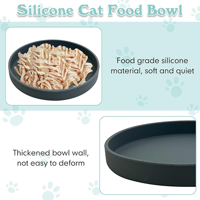 Silicone Dog Bowl Shallow Cat Food Bowls 7in Flat Puppy Plates Cute Whisker Fatigue Pet Feeding Dishes Set of 2 for Dry and Wet Food Indoor (Round Dark Grey)