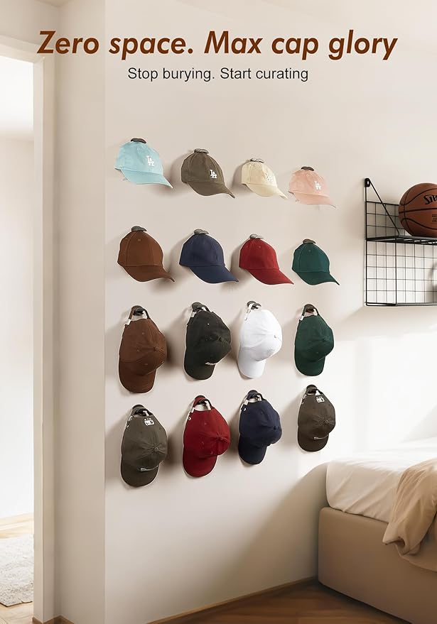 HOUSE DAY Adhesive Hat Hooks for Wall 16 Pack, Strong Hat Rack for Baseball Cap Display Organizer, Hats Holder for Wall, Door, Closet, No Drilling, Black