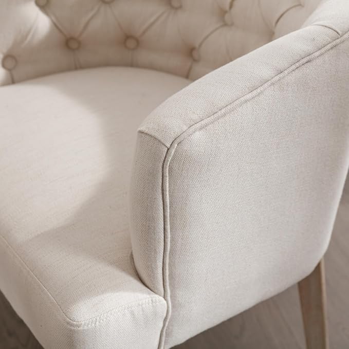 Mid-Century Dining Chairs Set of 2, Tufted Upholstered Linen Dining Room Chairs Comfy Side Chair Armchair Guest Chair with Wooden Legs for Dining Room Living Room, Beige