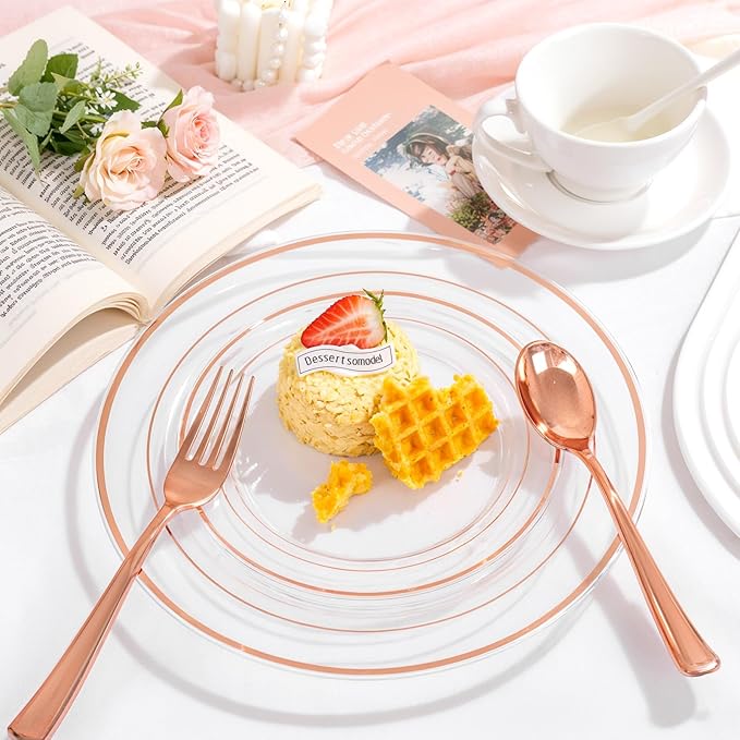 bUCLA 150PCS Clear Rose Gold Disposable Dinnerware set - Rose Gold Plastic Plates Include 25 Dinner / 25 Dessert Plates, 25 Knives, 25 Forks, 25 Spoons, 25 Cups for Party, Wedding & Valentines Day