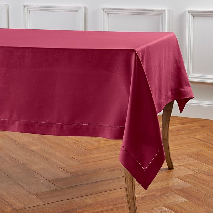 Solino Home Beet Linen Tablecloth 60 x 108 Inch - 100% Pure Linen Hemstitch Table Cloth for Rectangle Tables - Classic Hemstitch, Machine Washable Tablecloth for Valentines, Winter, Easter