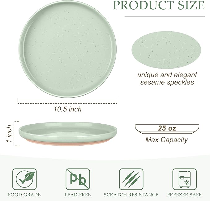 LIANYU Stoneware Dinner Plates Set of 6, 10.5’’ Ceramic Plates for Dessert, Salad, Steak, Pizza, Round Serving Dishes for Kitchen, Microwave, Oven & Dishwasher Safe, Scratch Resistant, Fog Green