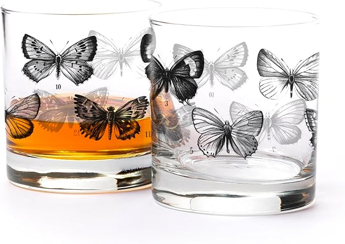 Black Lantern Whiskey Glasses Set of 2 – Glasses for Cocktails Bourbon Scotch Whiskey with Gift Box - Old Fashioned Glasses - 11oz Heavy Base Tumblers for Everyday Use (Vintage Butterfy Chart)