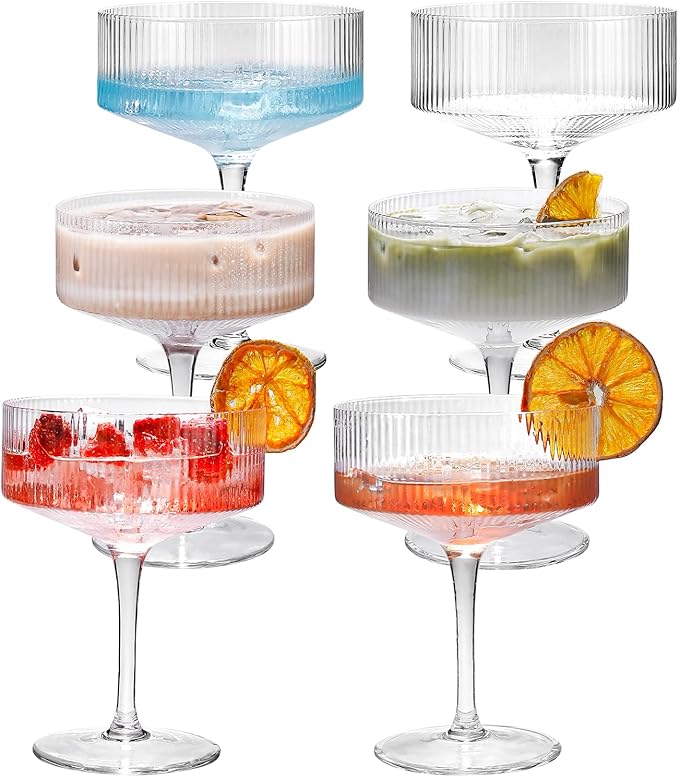 Ribbed Coupe glasses set of 6-10oz Champagne Coupe Glasses Vintage Coupe Cocktail Glasses
