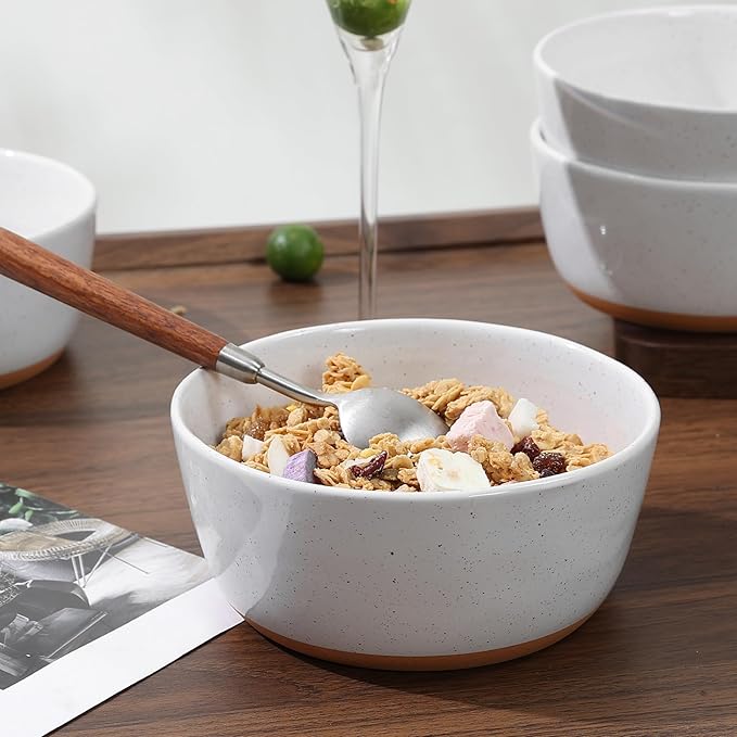 Cereal Bowls Set of 4,Ceramic Bowls for Kitchen,6 Inch Stoneware Bowls, Round Porcelain Pasta Bowl,Dishwasher&Microwave Safe,White(Brown Bottom)