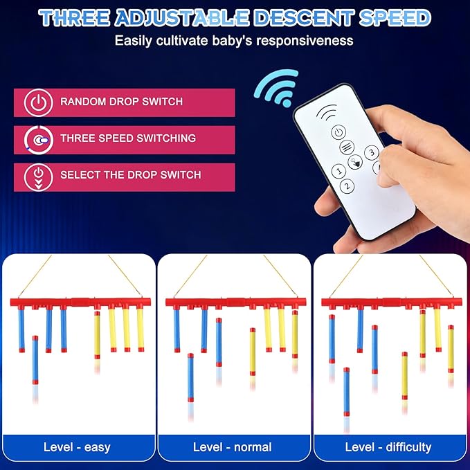 Reflex Sticks Challenge Game with Remote Control in 3 Speed Modes for Solo/Dual Play,Hand Eye Coordination & Reaction Training Toy,Reflex Drop Sticks Game for Kids Adults(Battery Free)