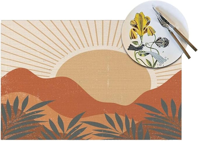 Mid Century Boho Sunset Placemats Vintage Farmhouse Abstract Plant Mountain Sunset Washable Place Mats 12x18Inch for Dining Kitchen Farmhouse Decor 6 PCS