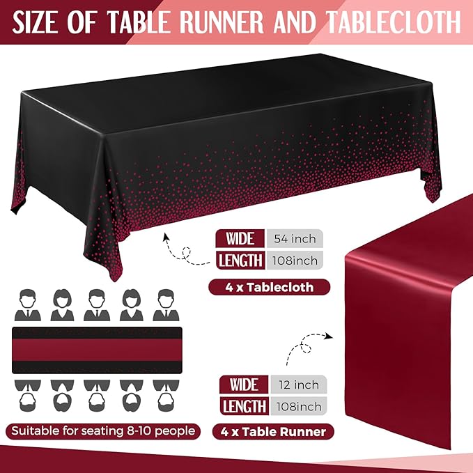 Breling 8 Pack Black and Maroon Disposable Plastic Tablecloths and Satin Table Runner Set, 54 x 108 Inch Tablecloth, 12 x 108 Inch Table Runners for Wedding Graduation Birthday Baby Shower