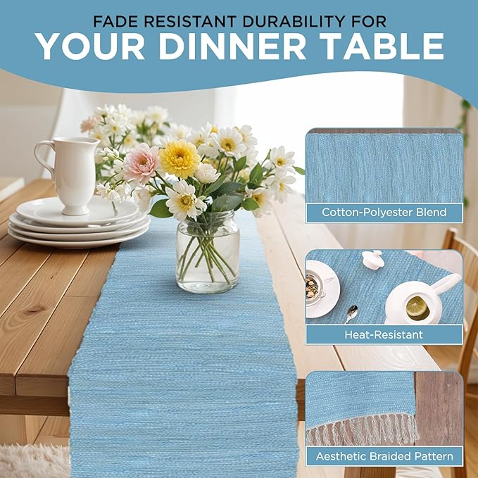 Perilla Home Sky Blue Table Runnert Vintage Boho Table Mats for Kitchen Dining Home Decor Rectangle Runner (Sky Blue 13x72)