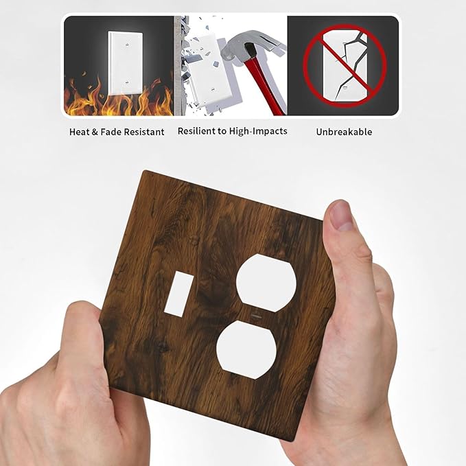 Light Switch Cover Plate Brown Rustic Wood Grain Vintage Wooden Texture 2 Gang Decorative Switch Plates 1 Toggle Duplex Combo Outlet Covers GFCI Wall Plates for Cabin Bedroom Decor