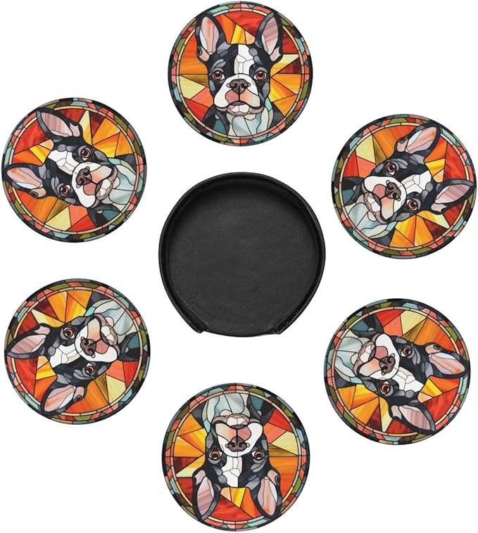 Drink Coaster Set of 6, Boston Terrier Dog Mom Lover Gift,Leather Drink Coasters with Holder,6 Pack Cup/Bar/Drink Coasters for Table/Drinks/Coffee Protection Housewarming Gift
