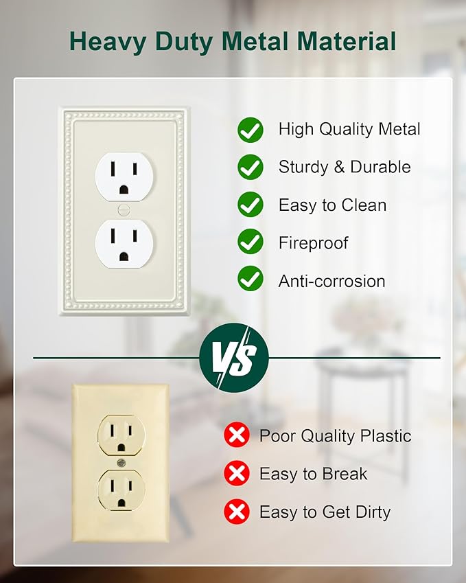 4-Pack Duplex Outlet Cover Plate, Light Almond Metal Wall Plates for Electrical Outlets, 1 Gang Receptacle Light Switch Cover, Pearls Decorative Switch Plates and Outlet Covers