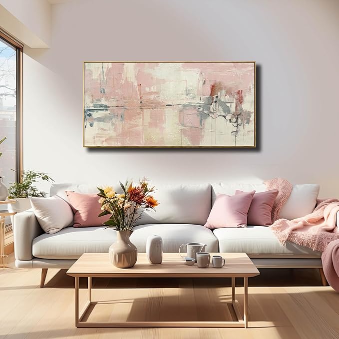YJYart Living Room Decor Pink Canvas Wall Art 24"x 48"Abstract Wall Art White Canvas Picture Bedroom Decor Framed Artwork Large Paintings for Home Decor