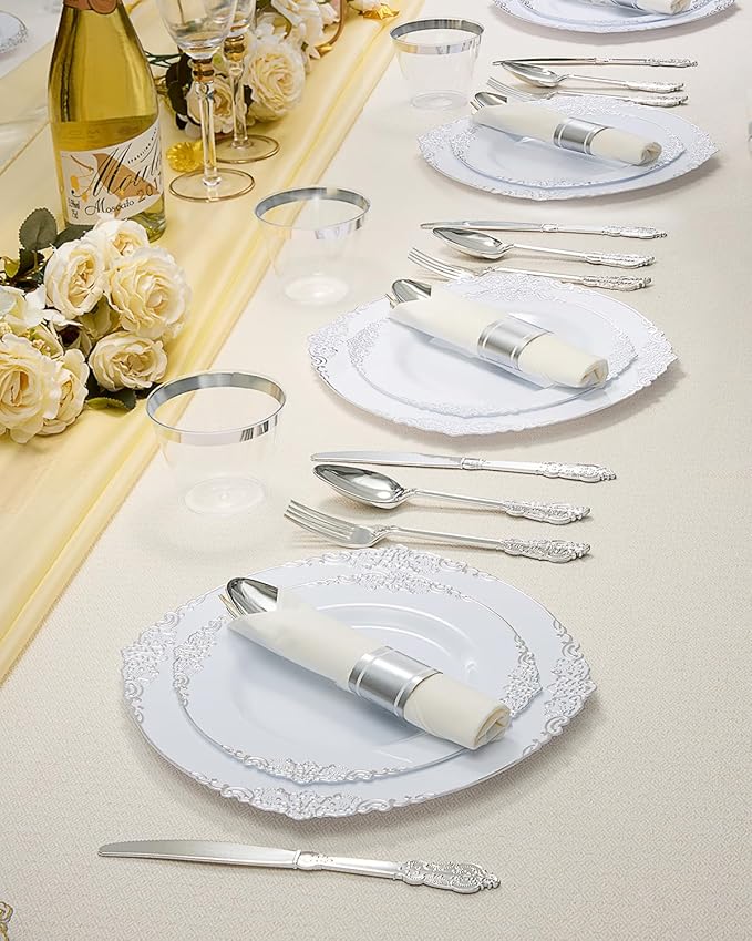 Goodluck 350 Piece Silver Plastic Dinnerware Set for 50 Guests, Fancy Disposable Plates, Include: 100 Silver Rim Plastic Plates, 150 Silverwares, 50 Pre Rolled Napkins, 50 Cups for Party, Wedding