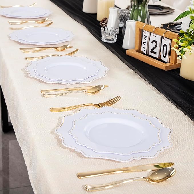 COLOSUS 60pcs Disposable Plastic Plates Set, Gold White Party Plates, 30pcs Dinner Plates and 30pcs Salad/Dessert Plates for Wedding, Party, Anniversary, Daily Use,New Year