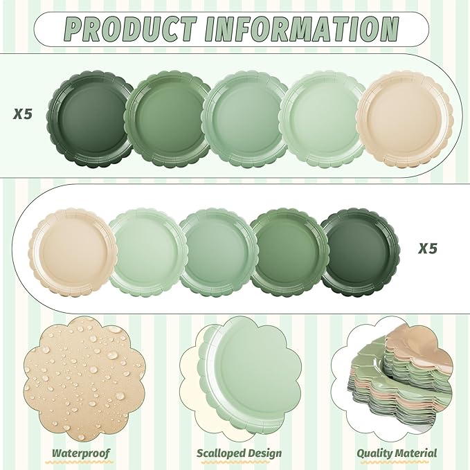 200pcs Sage Green Plates and Napkins Tableware Set Serve 50 Guests Includes Scalloped 9" 7" Paper Dessert Dinner Plate Green Series Napkins for Spring Birthday Wedding Baby Shower Tea Party