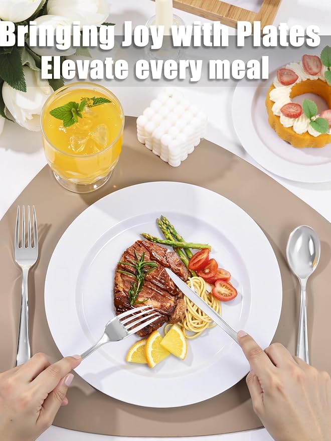 WDF 200pcs White Plastic Plates Disposable - Heavy Duty Plastic Plates for Party - Include 100 x 10 Dinner Plate and 100 x 7 Dessert/Cake Plate - Ideal for Weddings/Parties/Events