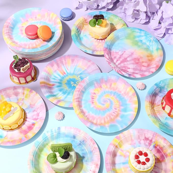 60 Pcs 7 Inch Pastel Tie Dye Birthday Party Plates Vibrant Paper Plates Colorful Party Disposable Dinnerware Decoration for Dinner Celebration Baby Shower Birthday Supplies