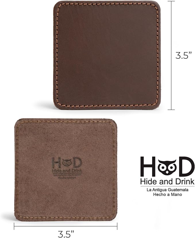 Hide & Drink Leather Coasters Set of 8, Premium Leather Table Protection for Drinks, Elegant Accessory for Home/Office, Protects Surfaces, Bourbon Table Coasters, Bar, Western (Bourbon Brown)
