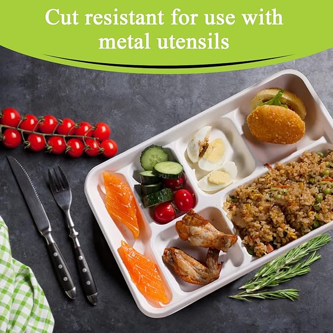 three leaf 6 COMPARTMENT BAGASSE TRAY 150 Ct. Heavy-Duty- Super Strong- Natural- Eco-Friendly Disposable Bagasse Plates, 100% Biodegradable 6 Compartment meal Plates