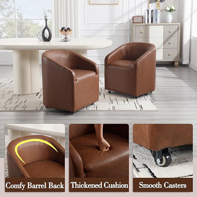 Modern Barrel Dining Chairs with Rolling Casters Set of 6, Upholstered PU Leather Swivel Dining Room Chairs with Wheels for Kitchen Living Room Home Office, Brown