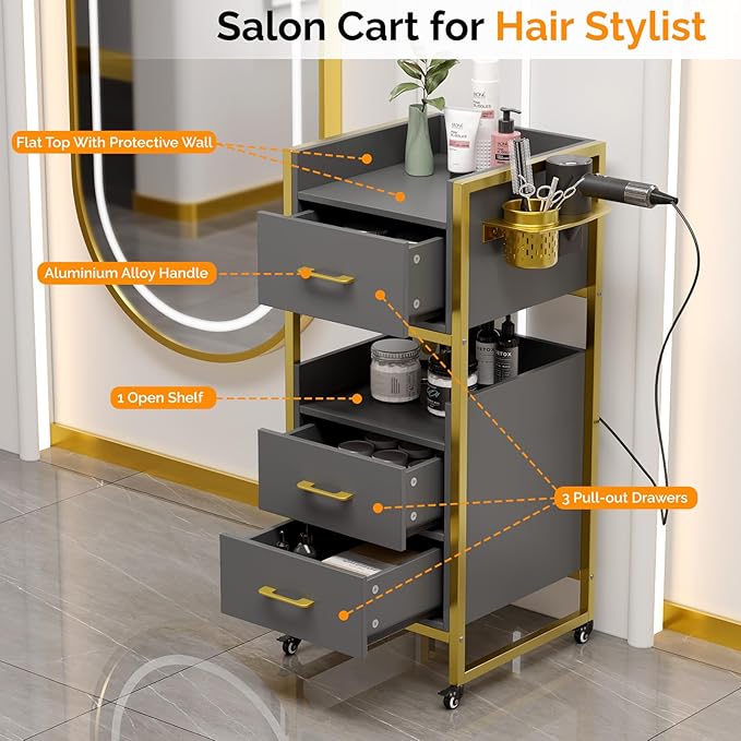 OmySalon Salon Trolley Cart, Hair Styling Station with 3 Drawers, 2 Open Shelf & Tool Holders, Mobile Barber Storage Cabinet Utility Trolley for Beauty Salon Spa, Gery