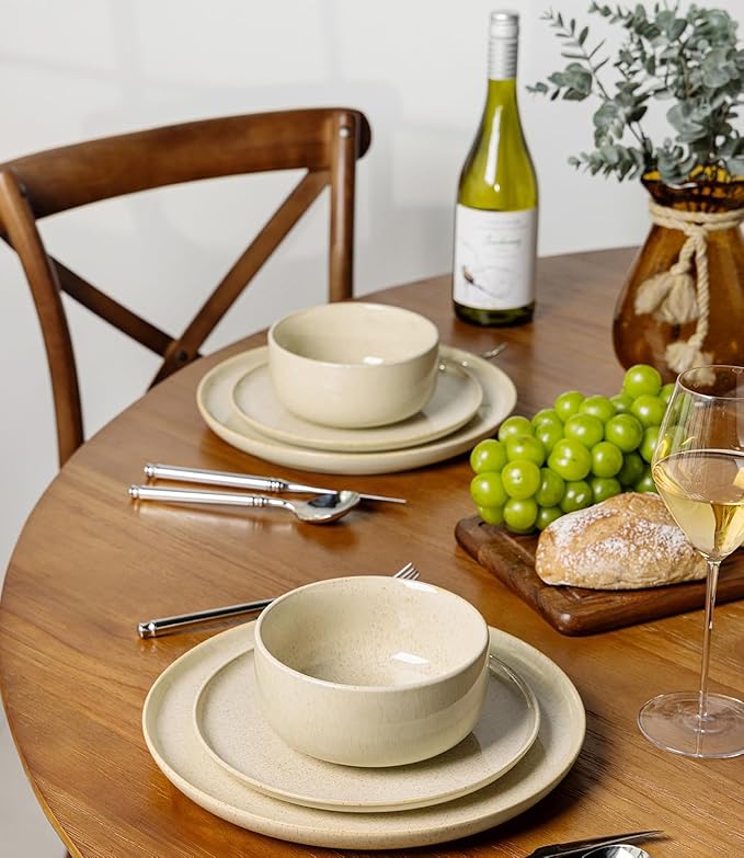 TheTerra Ceramic Dinnerware Sets for 4, 12 Pieces Handmade Reactive Glaze Plates and Bowls Set, Scratch Resistant Dish Set, Oven & Microwave & Dishwasher Safe, Cappuccino