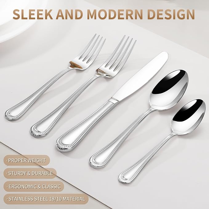 40-Piece Flatware Set for 8, Heavy Duty 18/10 Stainless Steel Silverware Set, Weighted Silverware Knives Forks and Spoons Set, Beaded Edge Handle, Dishwasher Safe