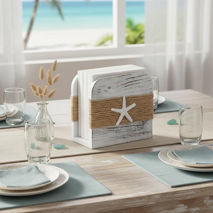 Natural Wooden Napkin Holder, Farmhouse Napkin Holders Upright Wooden Tissue Dispenser for Kitchen Dining Room Table Decor Indoor & Outdoor Use (Beach Style,White)