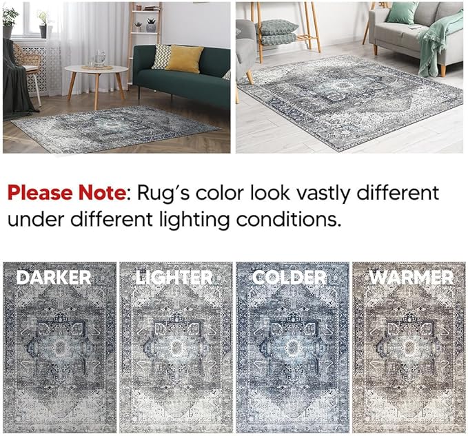 Keen Home Design 8x10 Rug - Machine Washable Area Rug with Non-Slip Backing, Ideal for Living Room, Dining Room, Bedroom - Vintage, Easy Clean, Durable, Low Pile - (8' x 10')