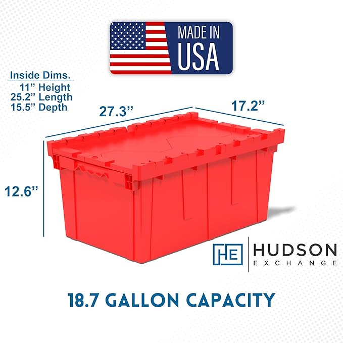 Hudson Exchange 27.3 x 17.2 x 12.6 (3 Pack) Storage Tote Distribution Container with Hinged Attached Lid, Red