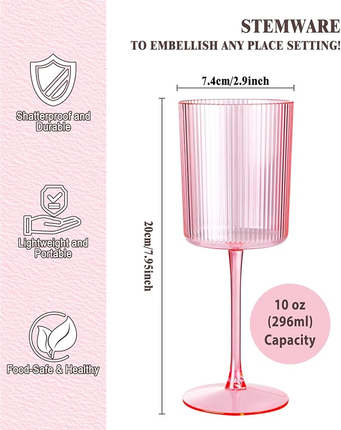 Ciaell 12 PCS Pink Plastic Ribbed Wine Glasses - 10 OZ Plastic Square Wine Glasses with Stem - Disposable Champagne Cups for Parties & Weddings & Valentine's Day
