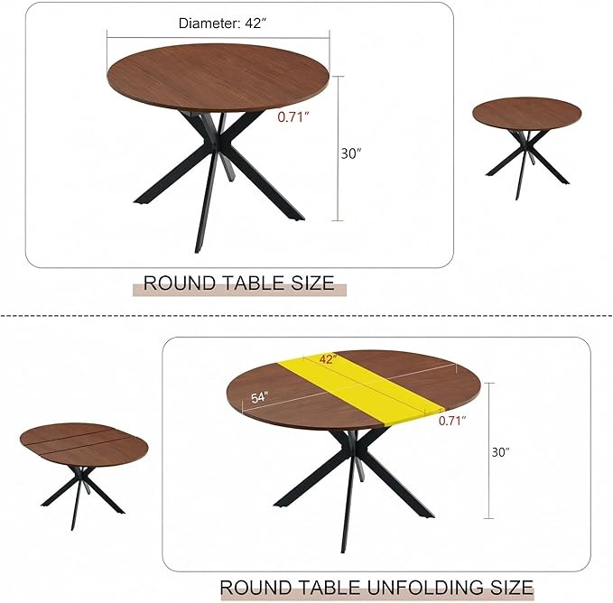 Round Dining Table Set for 6｜42"-54" Extendable Dining Room Table Set｜Wooden Kitchen Table with 6 Chairs｜Mid Century Modern Dinner Table Set with Cross Legs｜Easy Assembly｜Space Saving