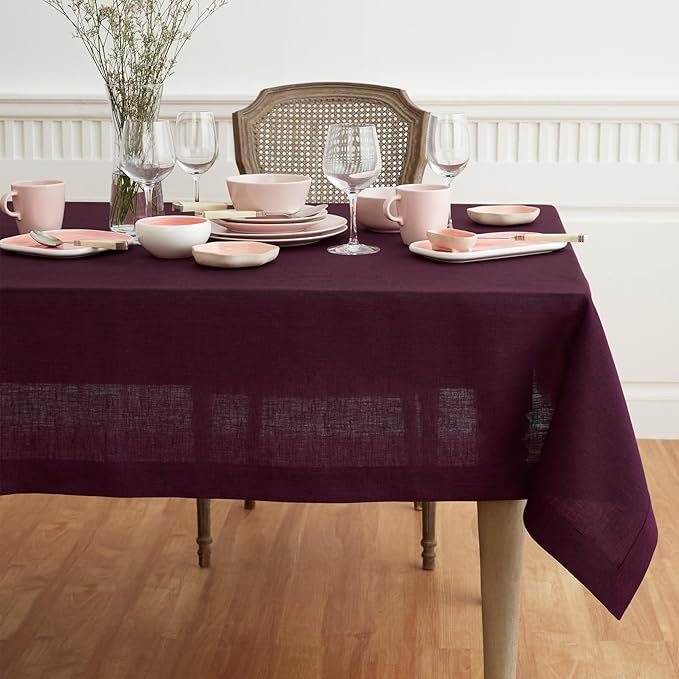 Solino Home Linen Tablecloth 52 x 52 Inch - 100% Pure Linen Square Table Throw - Athena, Machine Washable Chambray Burgundy Tablecloth for Valentines, Winter