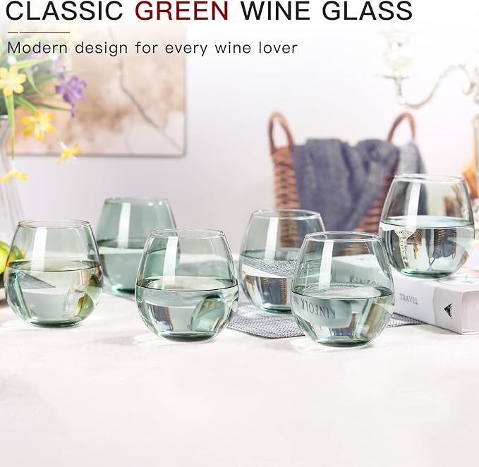 Green Stemless Wine Glasses Set of 6-15oz -Modern Hand-Blown Wine Glasses, European Design Crystal Glass For Red & White Wine, Unique Gifts for Wedding, Birthday
