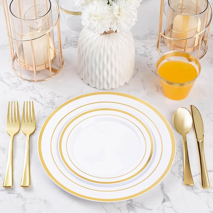 BESTVIP 600PCS Gold Plastic Plate Set (100 Guests), Plastic Plates for Party Wedding Birthday, Disposable Dinnerware Set of 200 Plates, 200 Forks, 100 Spoons, 100 Knives for Christmas