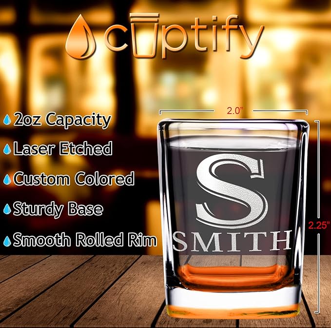Personalized Shot Glasses Set of 4 Initial and Name 2oz Orange Bottom Etched Square Shot Glass Engraved with Custom Text Birthday Gift for Men and Women