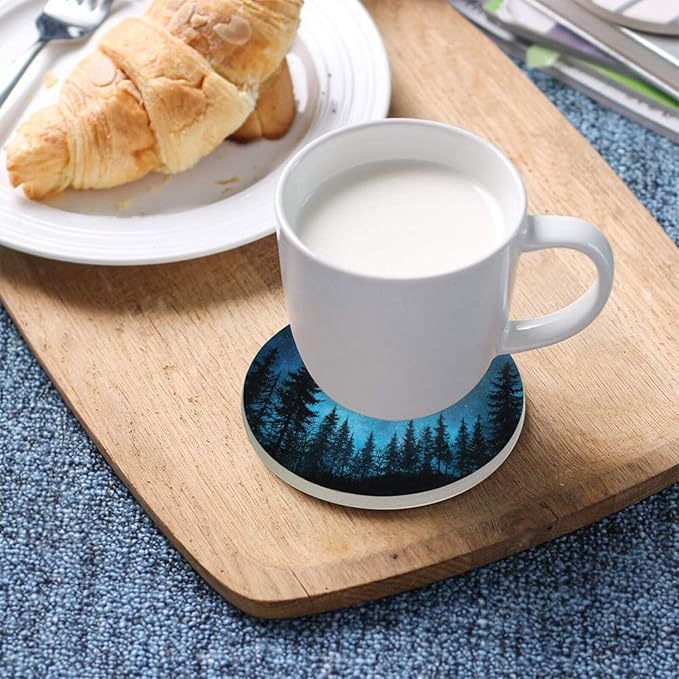 Coasters for Drinks Coaster Drink Set Decorative Coffee Table Desk Cup Mat Spring Cute Cork Bar Backing Round Home Decor Forest Starry Night Pine Tree Blue08