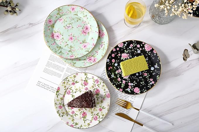 Floral Salad Plates, Set of 6 – 8 Inch Ceramic Appetizer Plates with Gold Trim, Vintage Floral Design for Dessert, Tea Party, Dinner, Decorative Serving