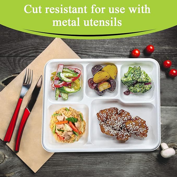 three leaf 5 COMPARTMENT BAGASSE (SCHOOL) TRAY 150 Ct. Heavy-Duty- Super Strong- Natural- Eco-Friendly Disposable Bagasse Plates, 100% Biodegradable 5 Compartment meal Plates