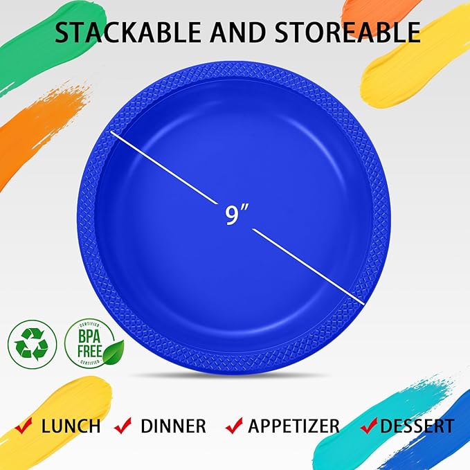 WELLIFE Royal Blue Party Plates 9 Inch -150 Count, Disposable Plastic Dark Blue Dinner Plates for Party Dessert Cake Appetizer